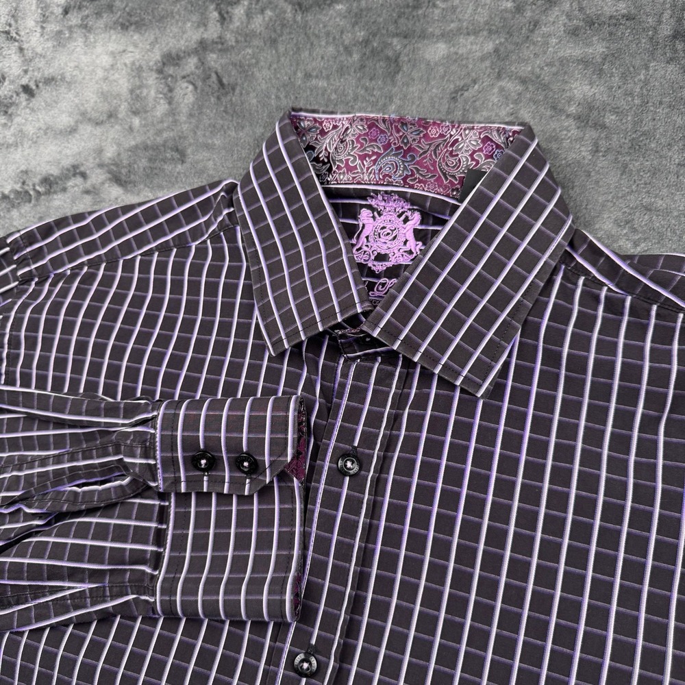 English Laundry Mens Purple Black Grid Button Down Shirt 16.5 32/33 Paisley Trim